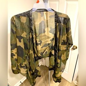 Sheer shall/jacket. Faux leather trim. Zipper detail in back